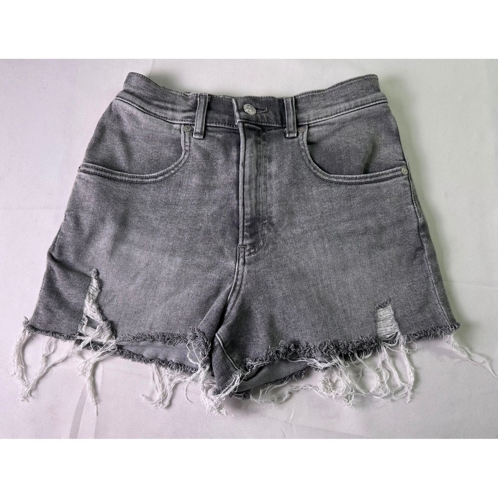 Express Mom Shorts Women 4/R Gray Denim Super High Rise Distressed Cutoff Frayed